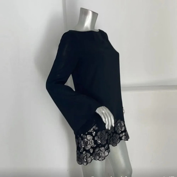 Marciano Black Crepe Shift Dress Floral Sequin Accent Hem Midi. Lined. Sz Small - Picture 3 of 7